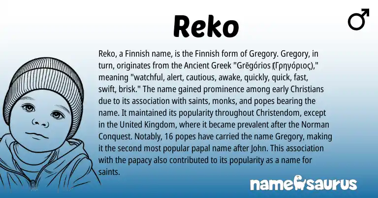 Infographic about Reko name meaning, Reko is a name from Finnish, Norman, United Kingdom, Ancient Greek origin(s).