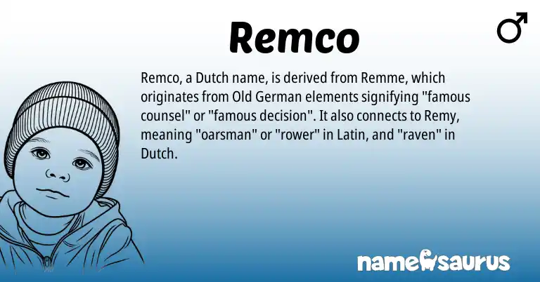 Infographic about Remco name meaning, Remco is a name from Old German, Dutch, Latin origin(s).
