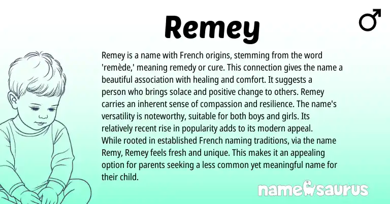 Infographic about Remey name meaning, Remey is a name from French origin(s).