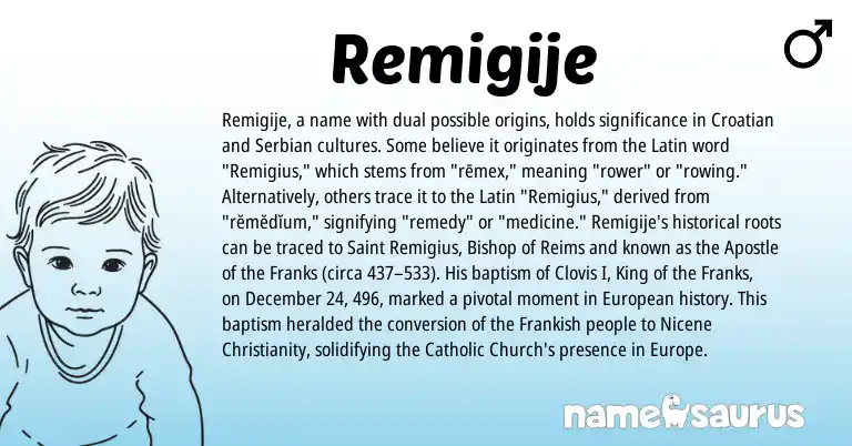 Infographic about Remigije name meaning, Remigije is a name from Christianity, Croatian, Frankish, European, Latin, Serbian origin(s).