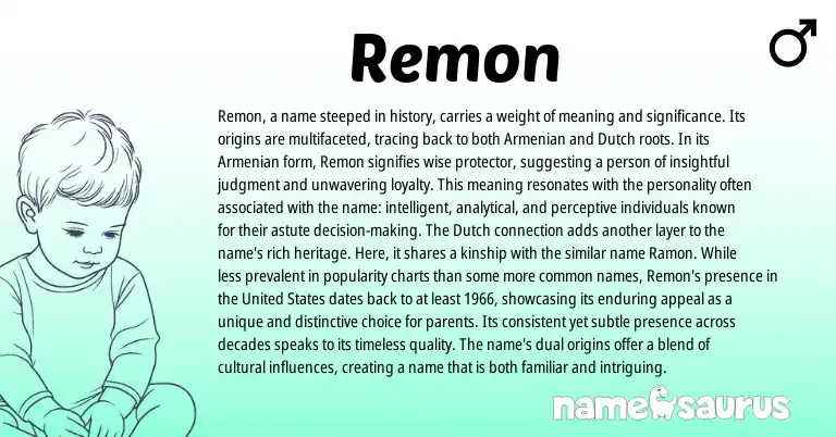 Infographic about Remon name meaning, Remon is a name from Armenian, English origin(s).