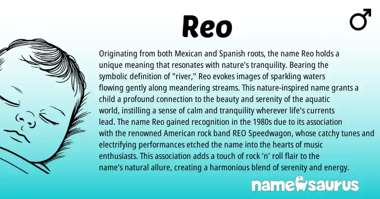 Infographic about Reo name meaning, Reo is a name from Spanish, Mexican, American origin(s).