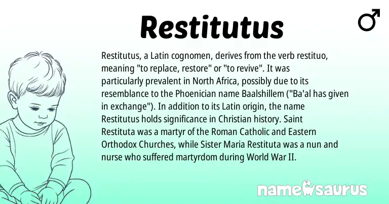 Infographic about Restitutus name meaning, Restitutus is a name from Roman, Phoenician, North Africa, Latin origin(s).