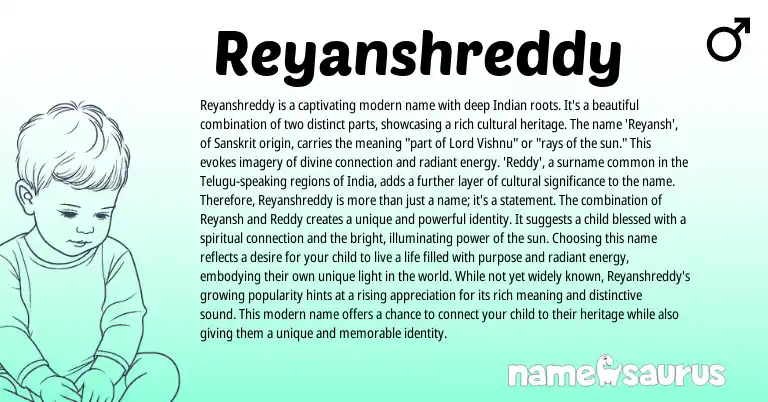 Infographic about Reyanshreddy name meaning, Reyanshreddy is a name from Indian, Sanskrit origin(s).