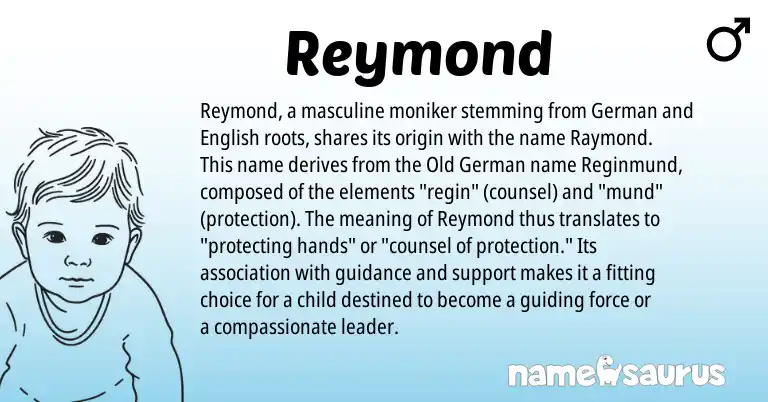 Infographic about Reymond name meaning, Reymond is a name from Old German, German, English origin(s).