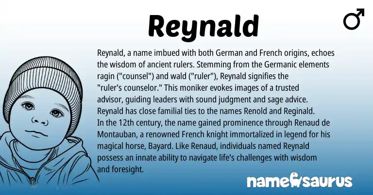 Infographic about Reynald name meaning, Reynald is a name from German, French, Germanic origin(s).