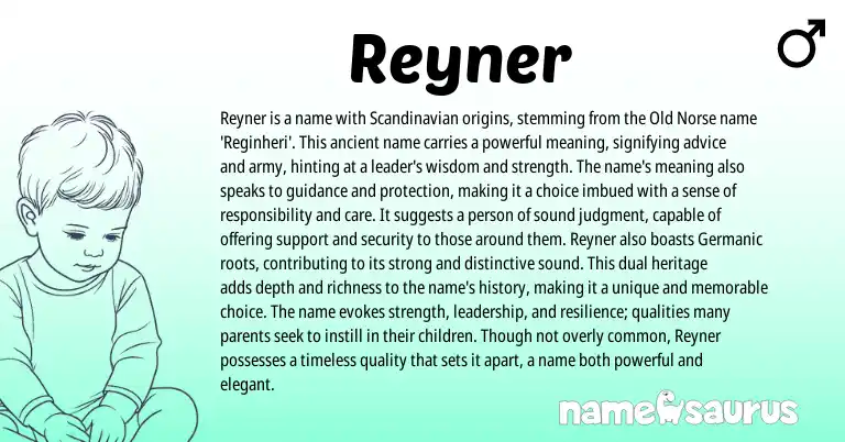 Infographic about Reyner name meaning, Reyner is a name from German, Scandinavian, Germanic, Norse origin(s).