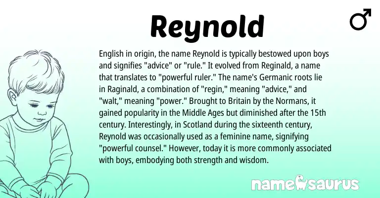 Infographic about Reynold name meaning, Reynold is a name from English, Germanic origin(s).
