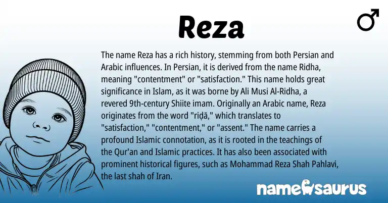 Infographic about Reza name meaning, Reza is a name from Iran, Persian, Arabic origin(s).