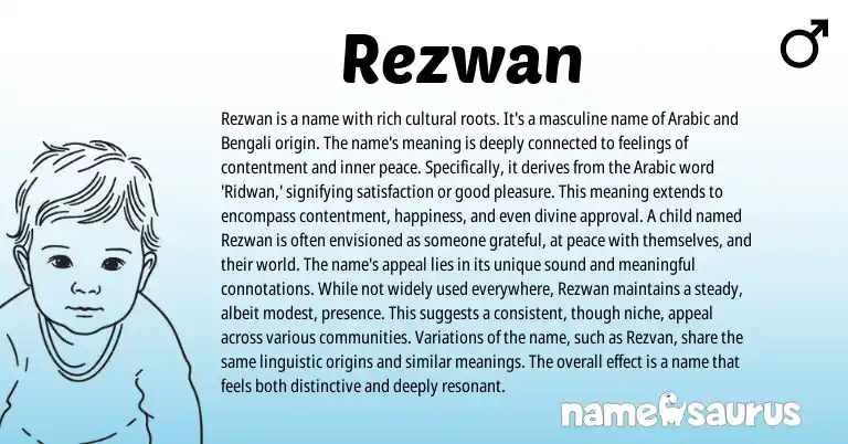 Infographic about Rezwan name meaning, Rezwan is a name from Arabic origin(s).