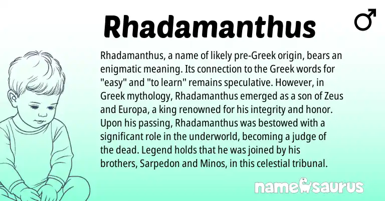 Infographic about Rhadamanthus name meaning, Rhadamanthus is a name from Greek origin(s).