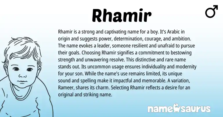 Infographic about Rhamir name meaning, Rhamir is a name from Arabic origin(s).