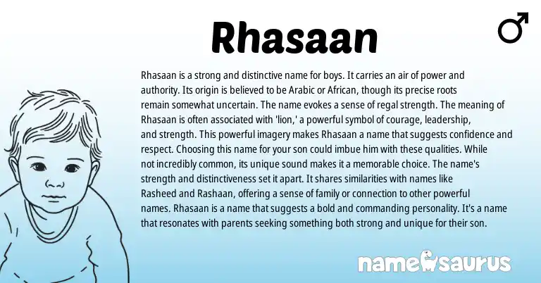 Infographic about Rhasaan name meaning, Rhasaan is a name from Arabic origin(s).