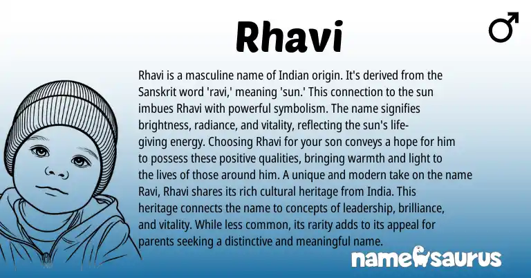 Infographic about Rhavi name meaning, Rhavi is a name from Indonesian, Sanskrit, Indian, Indo origin(s).