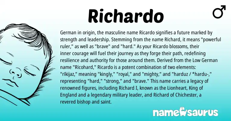 Infographic about Richardo name meaning, Richardo is a name from German, Low German, England origin(s).