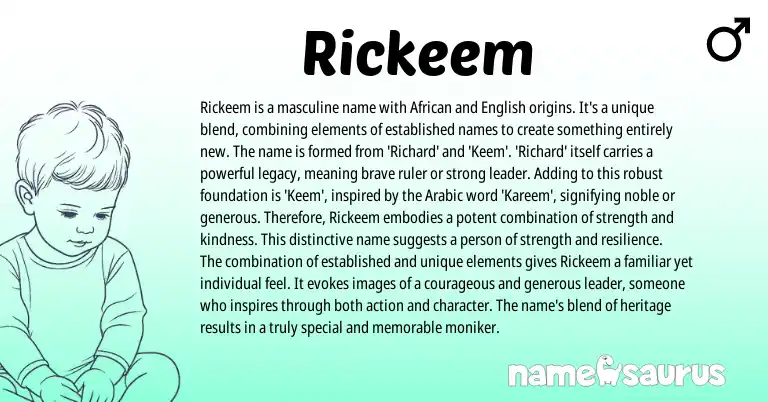 Infographic about Rickeem name meaning, Rickeem is a name from African, English, Arabic, American origin(s).