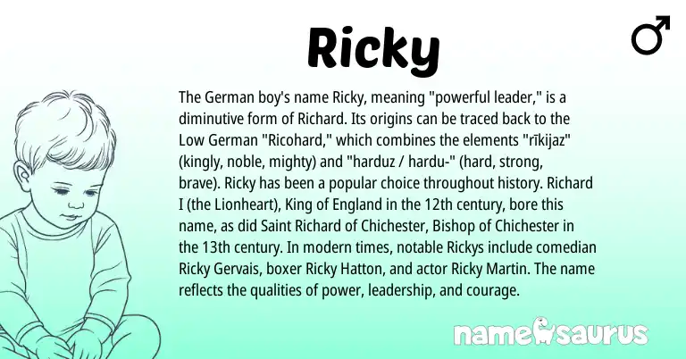 Infographic about Ricky name meaning, Ricky is a name from German, Low German, England origin(s).
