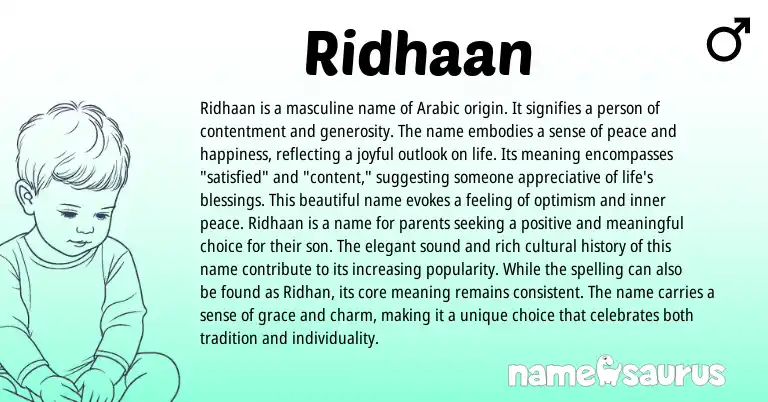 Infographic about Ridhaan name meaning, Ridhaan is a name from Arabic origin(s).