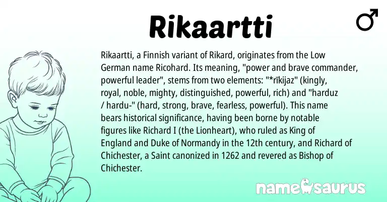 Infographic about Rikaartti name meaning, Rikaartti is a name from Low German, Finnish, England origin(s).