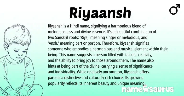 Infographic about Riyaansh name meaning, Riyaansh is a name from Indian, Hindi, Sanskrit origin(s).