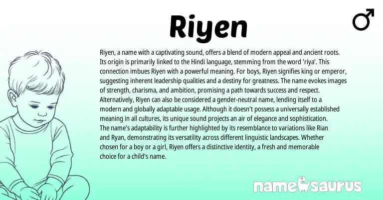 Infographic about Riyen name meaning, Riyen is a name from Hindi origin(s).