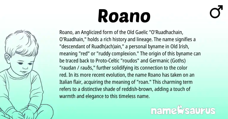 Infographic about Roano name meaning, Roano is a name from Gaelic, Germanic, Proto-Celtic, Old Irish, Italian origin(s).