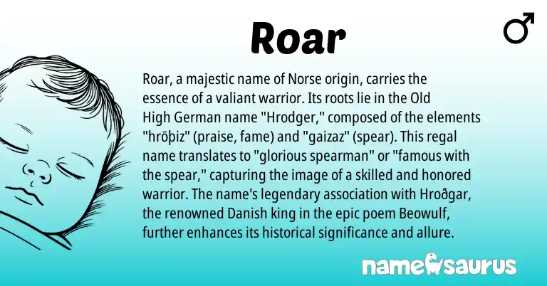 Infographic about Roar name meaning, Roar is a name from Old High German, Danish, Norse origin(s).