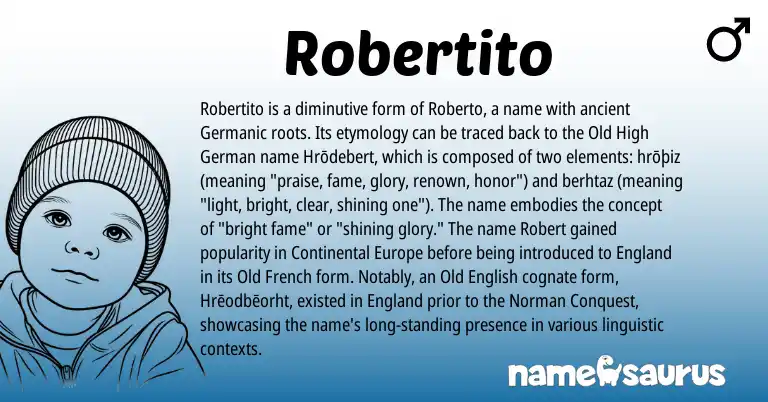 Infographic about Robertito name meaning, Robertito is a name from Old High German, Old French, England, Germanic, Old English, Norman origin(s).