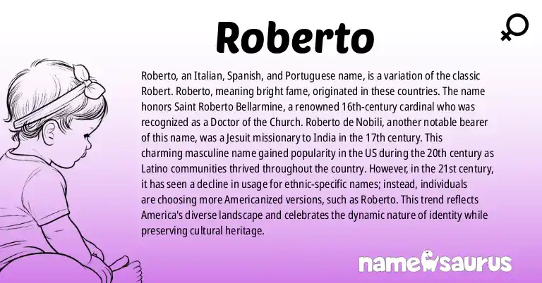 Infographic about Roberto name meaning, Roberto is a name from Italian, Spanish, Portuguese, German origin(s).