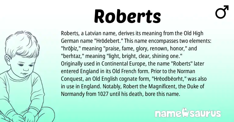 Infographic about Roberts name meaning, Roberts is a name from Old High German, Old French, England, Latvian, Old English, Norman origin(s).