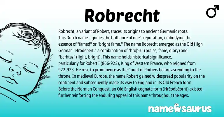 Infographic about Robrecht name meaning, Robrecht is a name from Old High German, Old French, England, Germanic, Old English, Dutch, Norman origin(s).