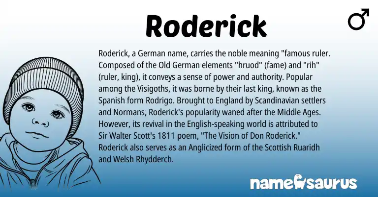 Infographic about Roderick name meaning, Roderick is a name from Spanish, Scandinavian, English, Welsh, England, Old German, German, Scottish origin(s).