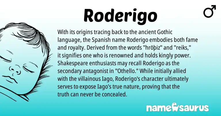 Infographic about Roderigo name meaning, Roderigo is a name from Spanish, Gothic origin(s).