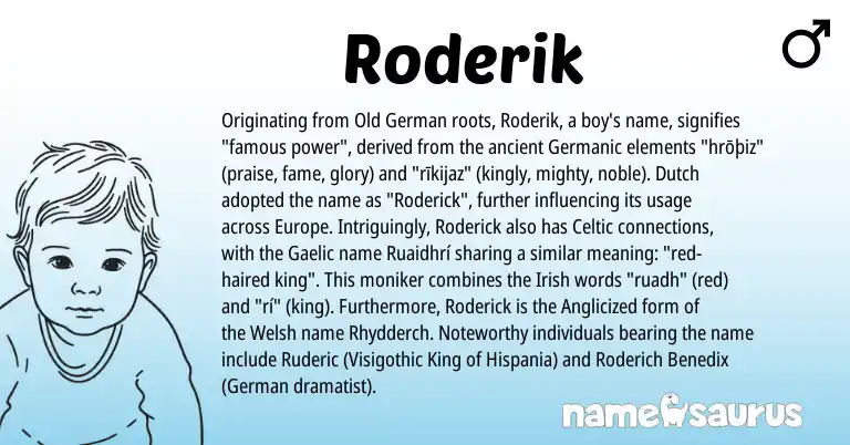 Infographic about Roderik name meaning, Roderik is a name from Irish, Welsh, Gaelic, Germanic, Celtic, Old German, German, Dutch origin(s).