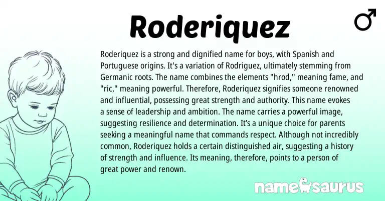 Infographic about Roderiquez name meaning, Roderiquez is a name from Germanic, Spanish origin(s).