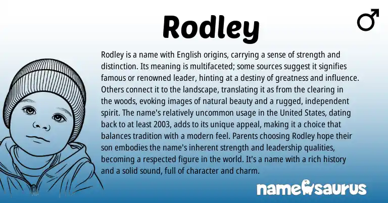 Infographic about Rodley name meaning, Rodley is a name from English origin(s).