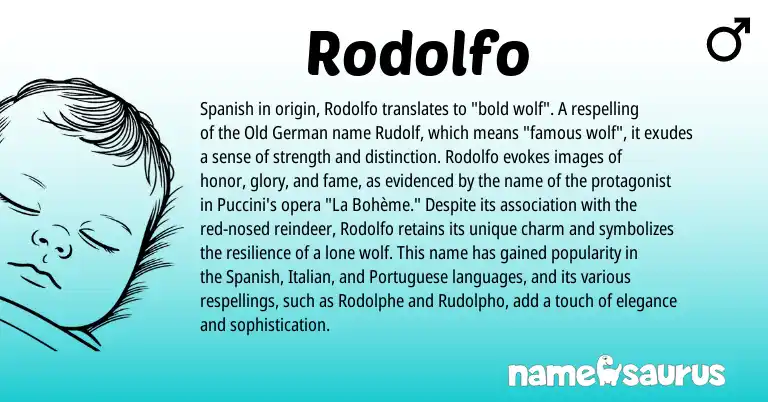 Infographic about Rodolfo name meaning, Rodolfo is a name from Old German, Spanish, Portuguese, Italian origin(s).