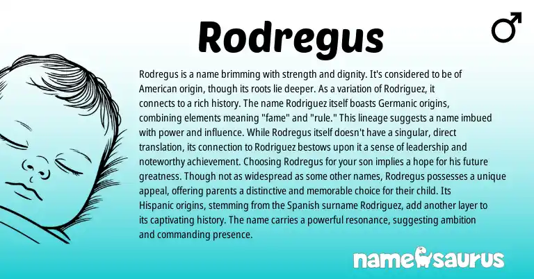 Infographic about Rodregus name meaning, Rodregus is a name from American, Germanic origin(s).