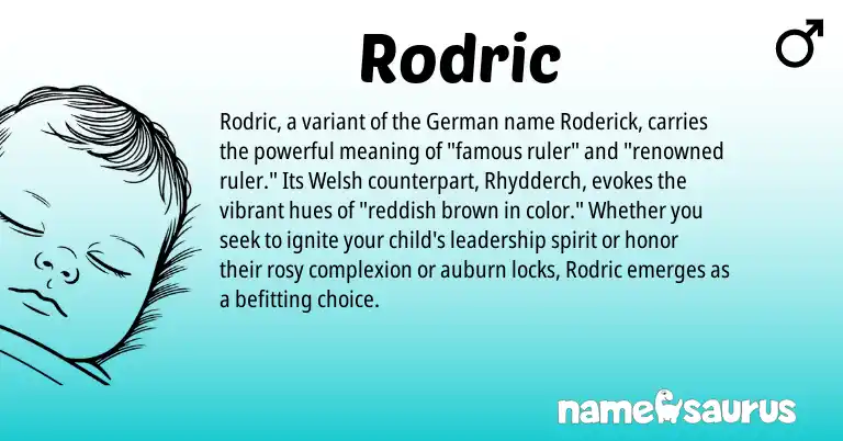 Infographic about Rodric name meaning, Rodric is a name from German, Welsh origin(s).