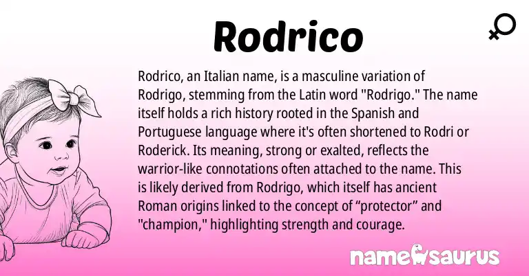 Infographic about Rodrico name meaning, Rodrico is a name from Italian origin(s).