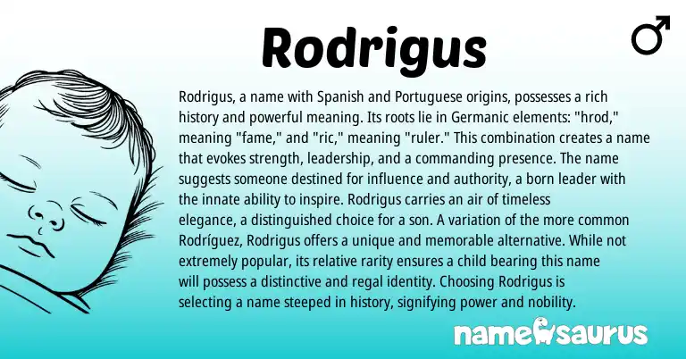 Infographic about Rodrigus name meaning, Rodrigus is a name from Germanic, Portuguese, Spanish origin(s).