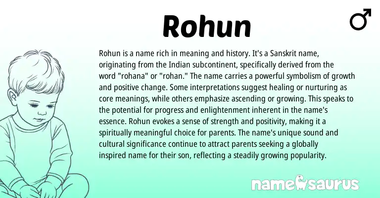 Infographic about Rohun name meaning, Rohun is a name from Sanskrit, Indian, Hindi origin(s).