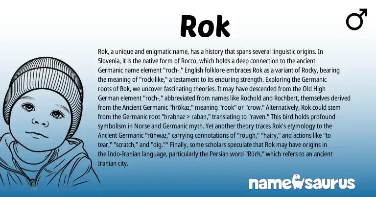 Infographic about Rok name meaning, Rok is a name from Iranian, Old High German, English, Ancient Germanic, Germanic, Persian, Norse origin(s).