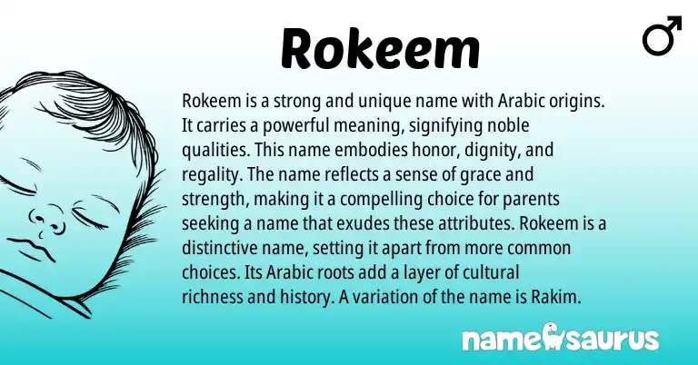 Infographic about Rokeem name meaning, Rokeem is a name from Arabic, American origin(s).