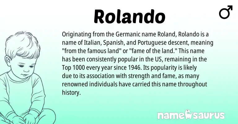 Infographic about Rolando name meaning, Rolando is a name from Spanish, Portuguese, Germanic, Italian origin(s).