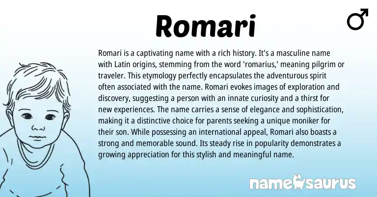 Infographic about Romari name meaning, Romari is a name from Latin, Italian origin(s).