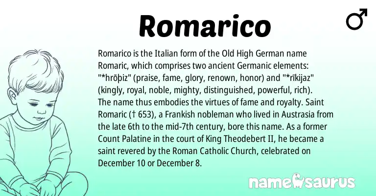 Infographic about Romarico name meaning, Romarico is a name from Old High German, Frankish, Roman, Germanic, Italian origin(s).