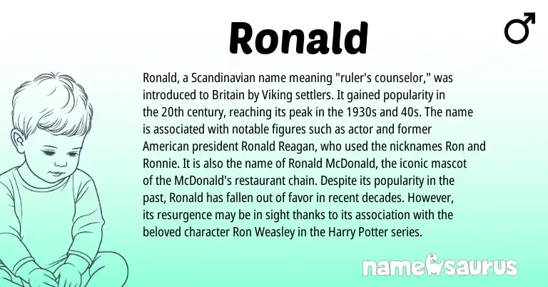 Infographic about Ronald name meaning, Ronald is a name from Scandinavian, American origin(s).