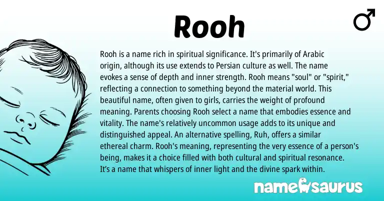 Infographic about Rooh name meaning, Rooh is a name from Arabic origin(s).