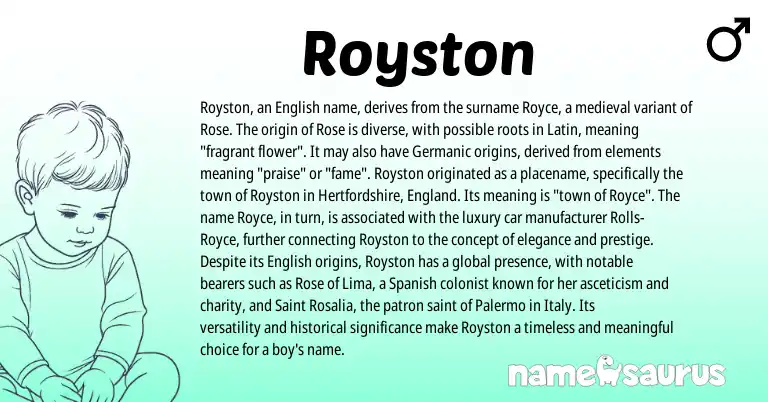 Infographic about Royston name meaning, Royston is a name from Spanish, English, England, Germanic, Latin origin(s).